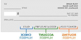 Check Example image hightling parts of a check including Routing Number, 帐号, 和校验号